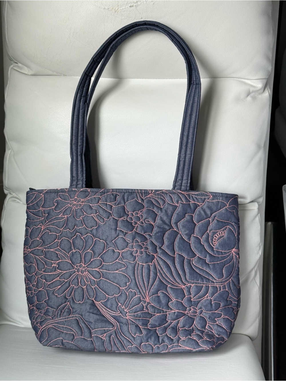 Quilted Floral Tote Bag in Gun-metal Grey with Rose Pink Stitching